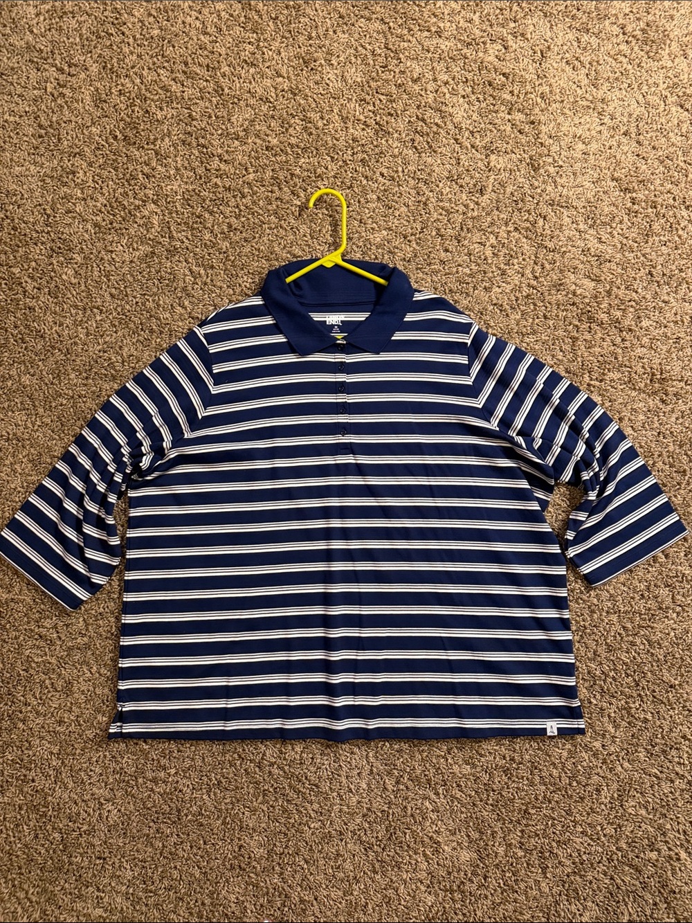 Lands' End Navy & White Striped Long Sleeve Polo